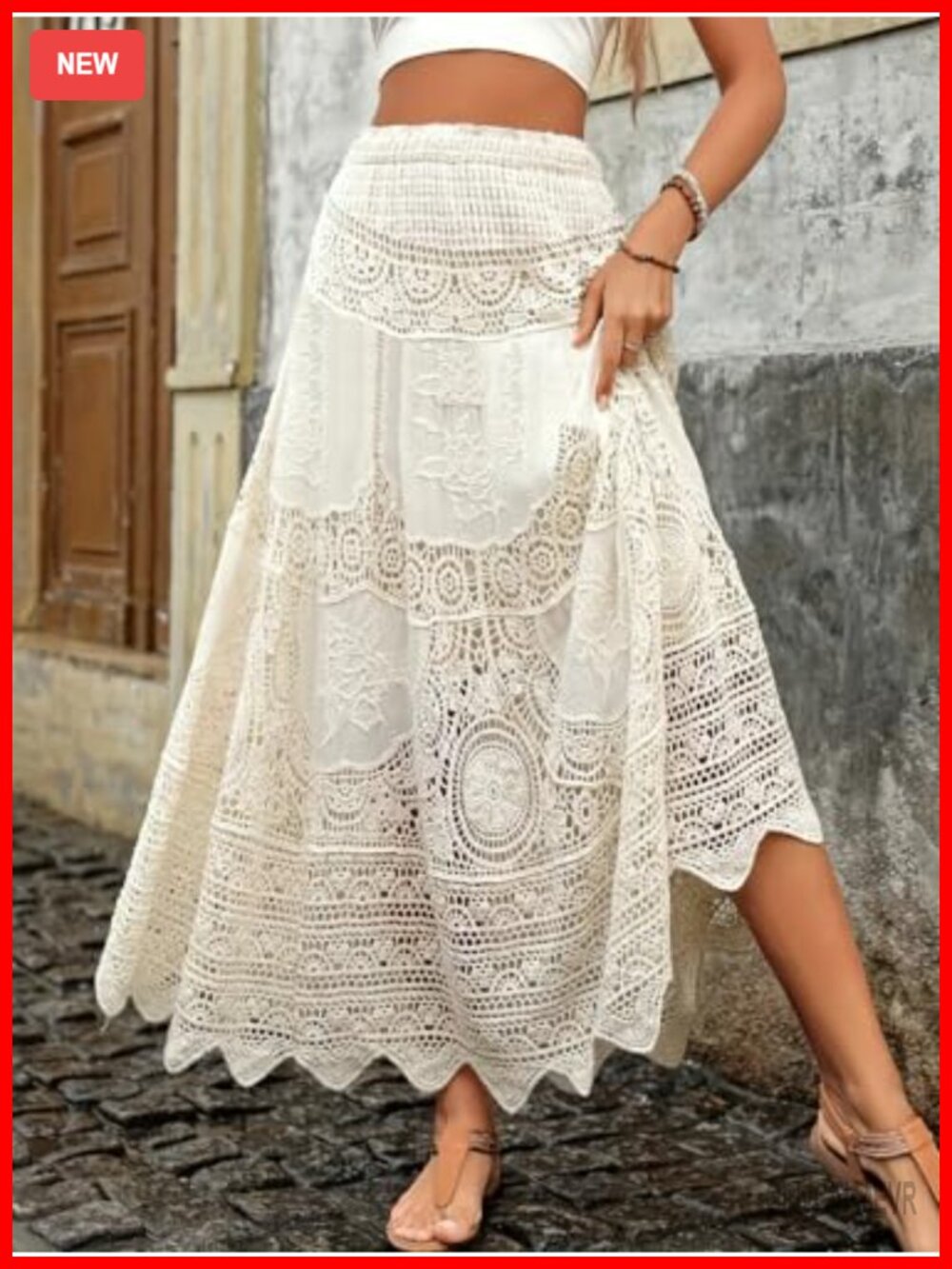 Women's Floral Embroidered Knit Maxi Skirt, Elastic Waist Flared A-Line Long - Picture 3 of 6